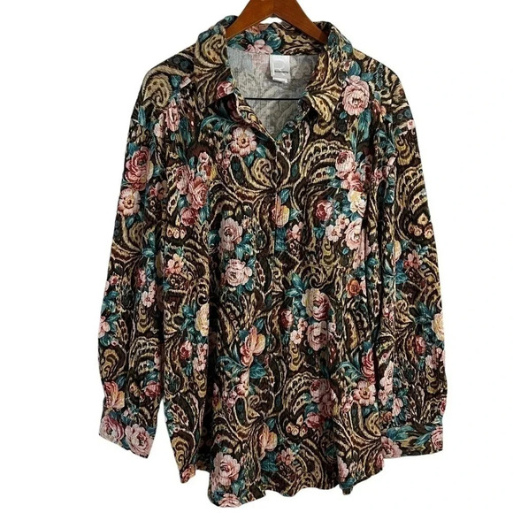 Roamans Floral Rose Button Up Blouse 1X Front Pocket Swirls Long Sleeve Stretch - Picture 1 of 8